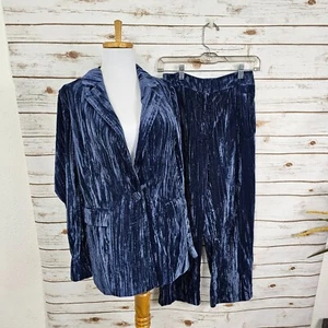 Topshop Sz 2 Crinkle Velvet Blazer Jacket Straight Pant 2 Piece Suit Set Blue - Picture 1 of 23