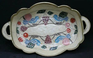 Brass Tray w/Handles Etched Enamel Inlay Made in India 8" x 5" Birds - Picture 1 of 7