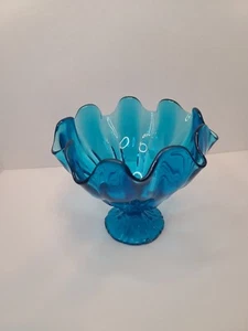 Vintage LE Smith Glas Pfau blau Taschentuch Kompott Vase geraffter Rand 7,25" - Bild 1 von 3