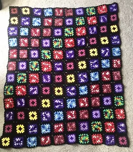 VTG Crochet Granny Square Afghan Lap Throw Black Handmade 56x66 - Picture 1 of 4