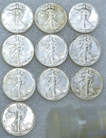 1937 Walking Liberty Silver Half Dollar  AU - AU/BU Half roll of 10 coins #E359 Cover
