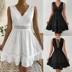 Women Boho V-Neck Lace Mini Dress Ladies Casual Holiday Summer Beach Sundress ⚝ - Picture 1 of 21