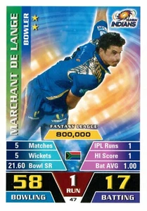 2016 2017 MUMBAI INDIANS IPL Cricket Card MARCHANT DE LANGE Topps Attax - Picture 1 of 2