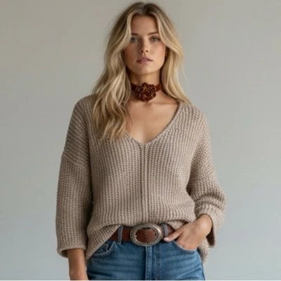 Suéter Pullover Anthropologie Polilla Lana Alpaca Neutro Grueso Tejido Cuello en V XS Foto 1 de 4