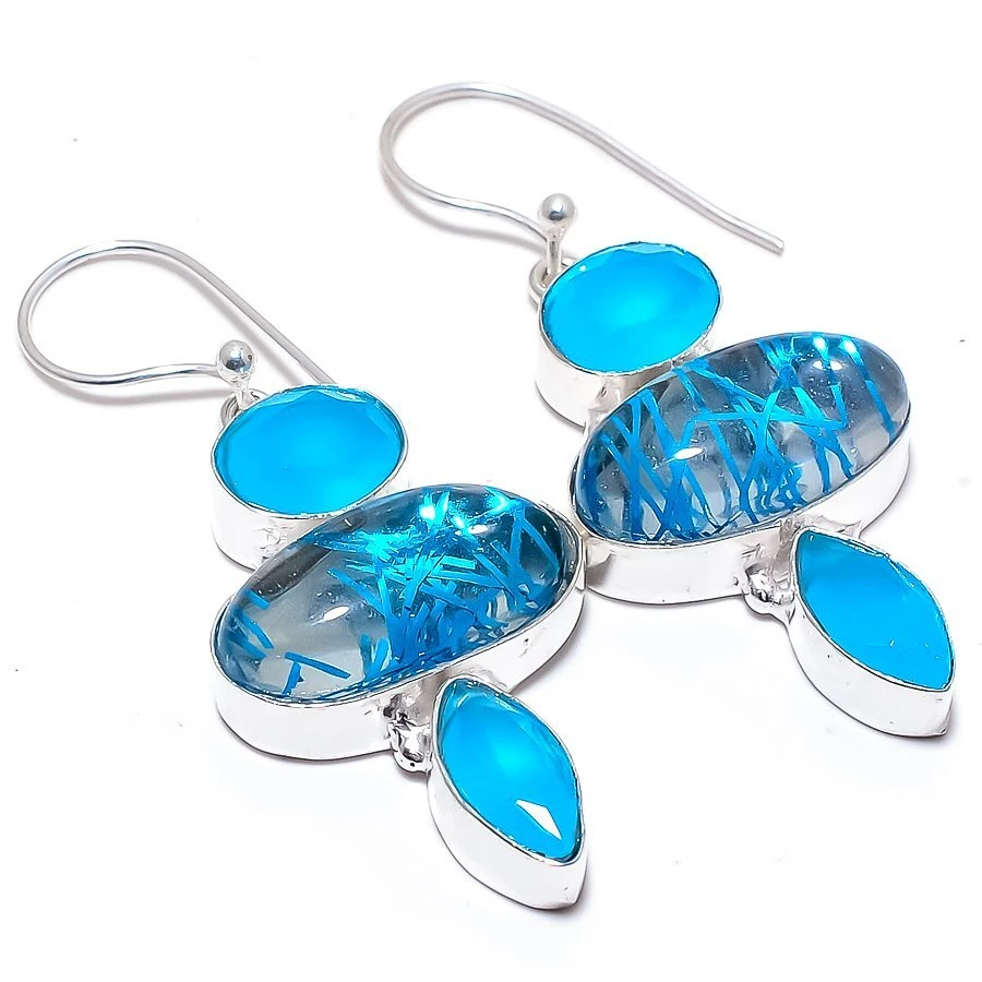 Blue Rutile Quartz, Onyx Gemstone 925 Silver Jewelry Earring 2.3" R-2645 - Image 1 of 1