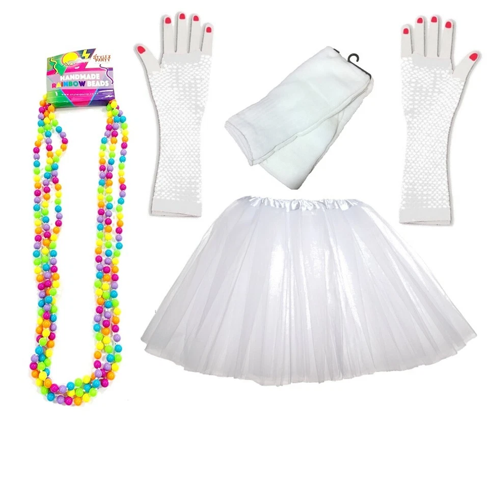 80S WHITE TUTU SET LADIES LEG WARMERS NETTED GLOVES BEADS FANCY DRESS PRIDE - Image 1 of 1