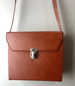 Vtg Korea Shoulder Box Bag Binocular Box Brown Vinyl Snap Lock Unique Retro Vibe - Picture 1 of 14