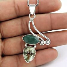 Mothers Day Gift 925 Silver Natural Emerald Gemstone Pendant Vintage T65