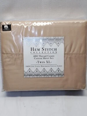 Hem Stitch Collection 400 Thread Count 100 Cotton Sateen Twin XL Sheet Set Fawn - Image 1 of 4