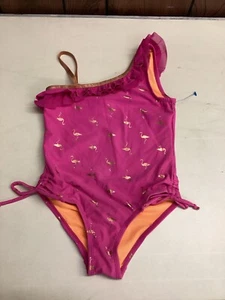 Limited Too 1 piece bathing suit tie detail pink gold flamingo girls sz 6X - Picture 1 of 9