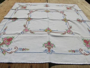 Cross Stitch Tablecloth Flower Baskets Vintage 31"x 33" Embroidery Stains TC171 - Picture 1 of 18