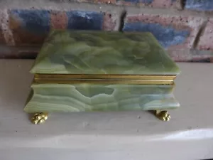 VINTAGE ITALIAN ONYX MARBLE JEWELLERY TRINKET BOX BRASS LION'S PAW RED VELVET - Picture 1 of 13