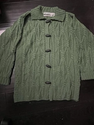 Aran Crafts Women’s Merino Wool Big Shirt Cardigan w/Toggle Closures Green Small - Image 1 of 3