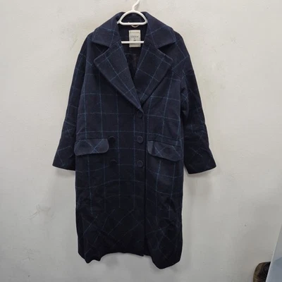 Erdem X H & M синий темно-синий чек шерстяная смесь большого размера длинное зимнее пальто Eu 34 Uk 6 - Изображение 1 из 4