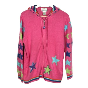 Suéter Quacker Factory Talla Mediana Cremallera Completa Con Capucha Chicle Rosa Estrellas Para Mujer - Imagen 1 de 8