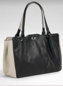 Elie Tahari Leather Shoulder Double Strap Bag Black & Beige Turn Lock RARE - Picture 1 of 17