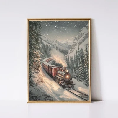 Vintage Winter Train Print Antique Christmas Rustic Holiday Wall Art - Image 1 of 4