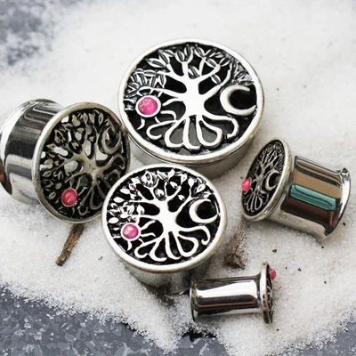 PAIR of 316L Stainless Steel Tree of Life Tunnel Plug with Sun & Moon - Image 1 of 4