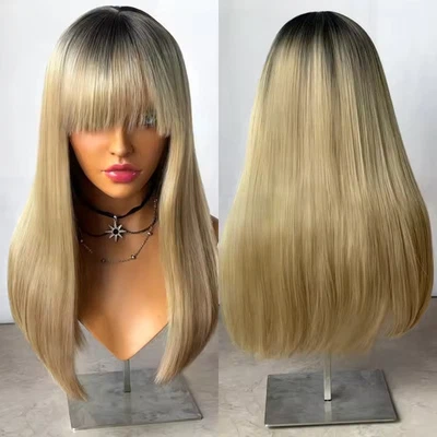 Peluca recta rubia clara ombre con flequillo 100 % cabello humano sin encaje raíces oscuras Foto 1 de 4