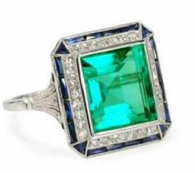 14k White Gold 3.20Ct Green Emerald Cut Lab-Created Diamond Engagement Ring - Image 1 of 4