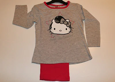 Hello Kitty "Elvis" Pyjama Set langer Schlafanzug Mädchen grau Gr. 116 128 #48