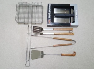 6 Piece BBQ Utensils 4 Long Handled + Oversize Spatula + Stainless Steel Basket - Picture 1 of 10