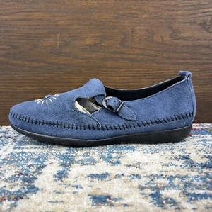 Vtg MINNETONKA Blue Suede Leather Moccasin Shoe Mary Jane Buckle Womens Sz 7 NOS - Picture 1 of 14