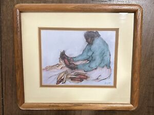 RC Gorman Signed 1976 Framed Matted Print Woman Shucking Corn Southwest Navajo