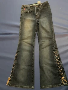 Rare Vintage Y2K Mudd Low Rise Hip Hugger Lace Up Flare Leg Jeans Girls Size 14 - Picture 1 of 11