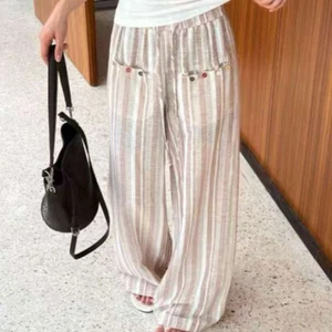Linen Button Design Elastic Waist Striped Loose Fit Leg Casual Pants Trousers - Picture 1 of 22