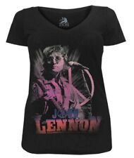 John Lennon Women's Pink Peace Guitar V-Neck Tee T-Shirt Black ZRJL1016