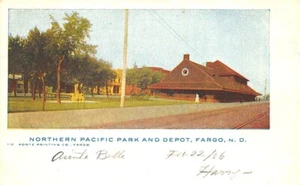 Fargo ND Northern Pacific Park & Railroad Station Train Depot Postcard - Picture 1 of 2
