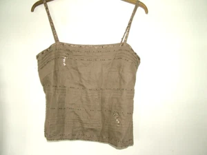 Taupe Linen Top Cami Blouse 12 Fenn Wright Manson strappy, short, sequin, lined - Picture 1 of 1