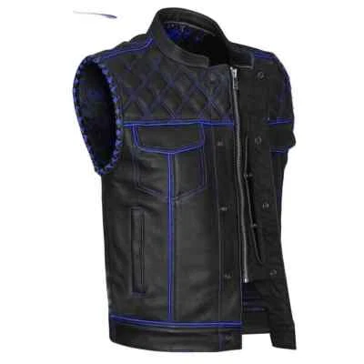 Chaleco de cuero negro para hombre diamante moto motocicleta chaleco azul oculto Foto 1 de 4
