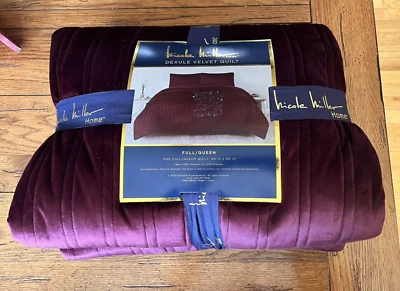 NEW NICOLE MILLER VELVET FULL/QUEEN QUILT CRANBERRY COVERLET - Image 1 of 4
