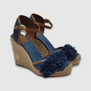 Sandalias Tory Burch Alpargata de Cuña Shaw Azul Denim Flecos Correa al Tobillo Talla 8.5 - Imagen 1 de 13