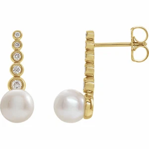 Freshwater Cultured Pearl & 1/8 CTW Diamond Earrings In 14K Yellow Gold - Picture 1 of 2
