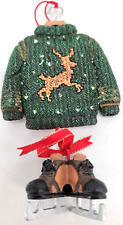 Cermanic Christmas Ornament Green Sweater On Hanger W/ Ice Skates 6.5"