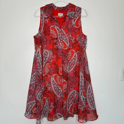 Avenue Shift Dress Womens Size 14 Button front Red paisley Flowy Boho Swing - Image 1 of 4