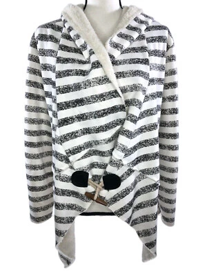DOUBLE ZERO Women's Overcoat B&W Long Sleeve Striped Faux Fur Hooded Sz M $45 - Image 1 of 4