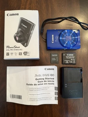 Canon PowerShot ELPH 190 IS 20.0 MP Digital Camera Blue w Charger Batt Card Box - Image 1 of 4
