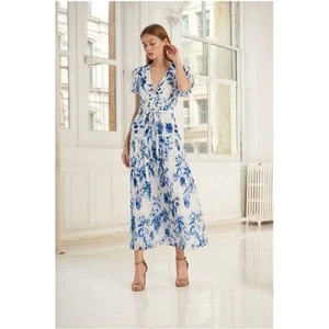 ML Monique Lhuillier Floral Dress Size 6 Blue White Midi Tea Gown Preppy Luxury - Picture 1 of 19