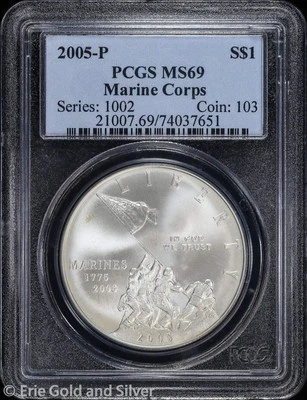 2005-P $1 Marine Corps Commem Silver Dollar PCGS MS 69 | Uncirculated UNC BU - Image 1 of 4