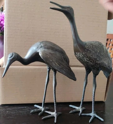 Juego De Colección De 2 Estatuas Grúa Japonesa De Bronce - 12" y 8" De Alto Foto 1 de 4