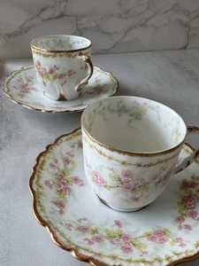 Antique Limoges Elite Works Cup & Saucer Set Pink Floral Gold Gilt France Pair - Picture 1 of 11