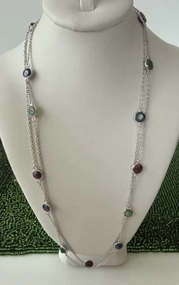 Sterling Silver Ruby Sapphire Emerald Gem Stone Bezel Set Chain Necklace 36”Mint - Image 1 of 4