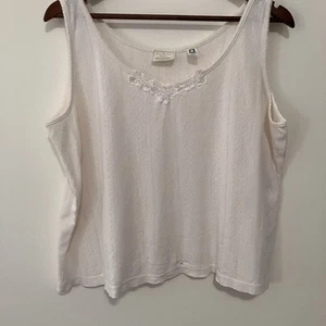 VTG Erika Taylor Intimates Cream Cotton Tank Sz. L Lace Trim Cottagecore Y2K - Picture 1 of 9