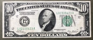 1928 $10 FRN ~ SAN FRANCISCO ~ GOLD - BIG 12 SEAL~Fr.2000-L Ser# L 0233 8423 A - Picture 1 of 3