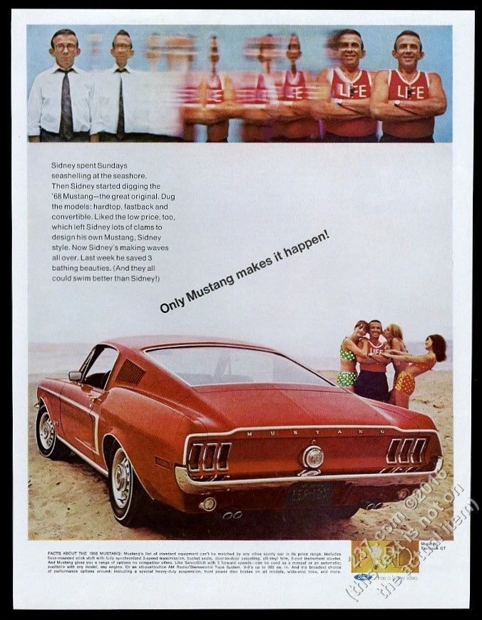 1968 Ford Mustang Fastback red car at beach photo vintage print ad - Image 1 of 1