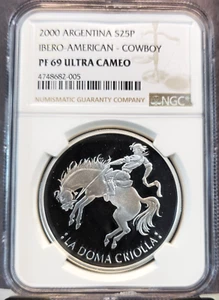 2000 ARGENTINA SILVER 25 PESOS COWBOY NGC PF 69 ULTRA CAMEO RARE TOP POP - Picture 1 of 3